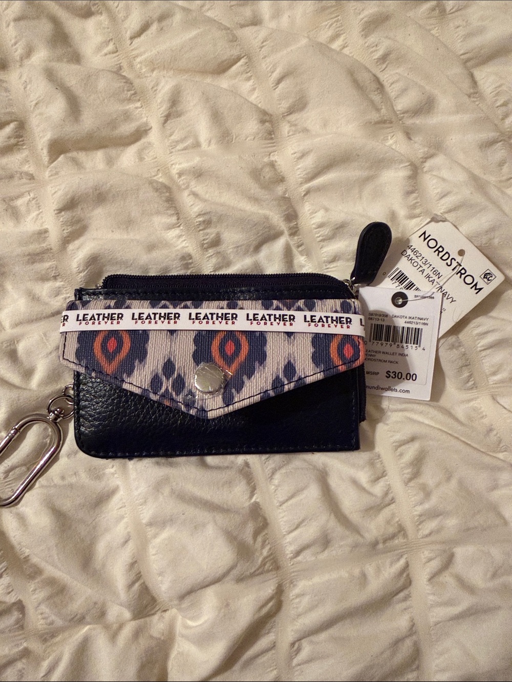 Nordstrom Navy Leather Key & Patterned Card Holder with Orange Accents